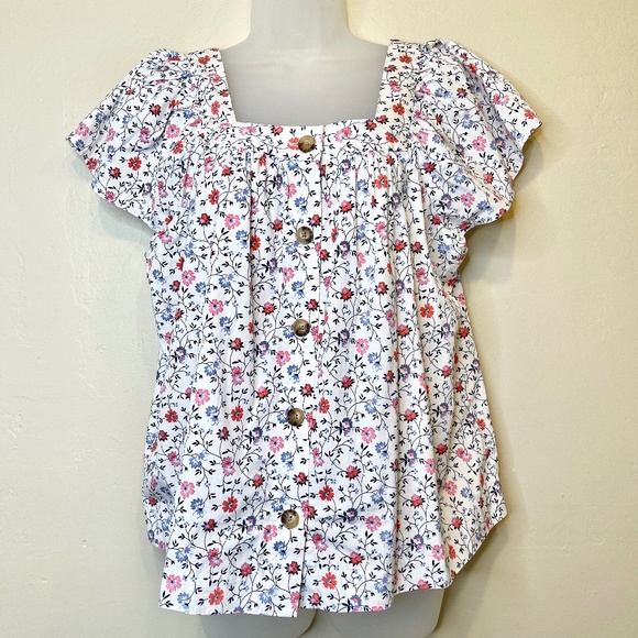 GAP | Crisp Ditsy FLORAL Square Neckline Short Flare Sleeves Button Placket Top - Picture 3 of 14